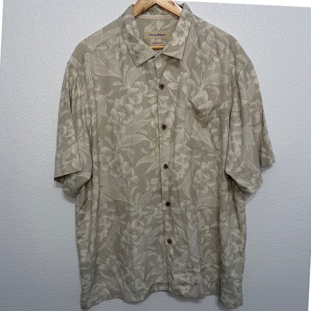 Tommy Bahama Mens XL Silk Floral Camp Shirt Tan Beige Original Fit Short Sleeve